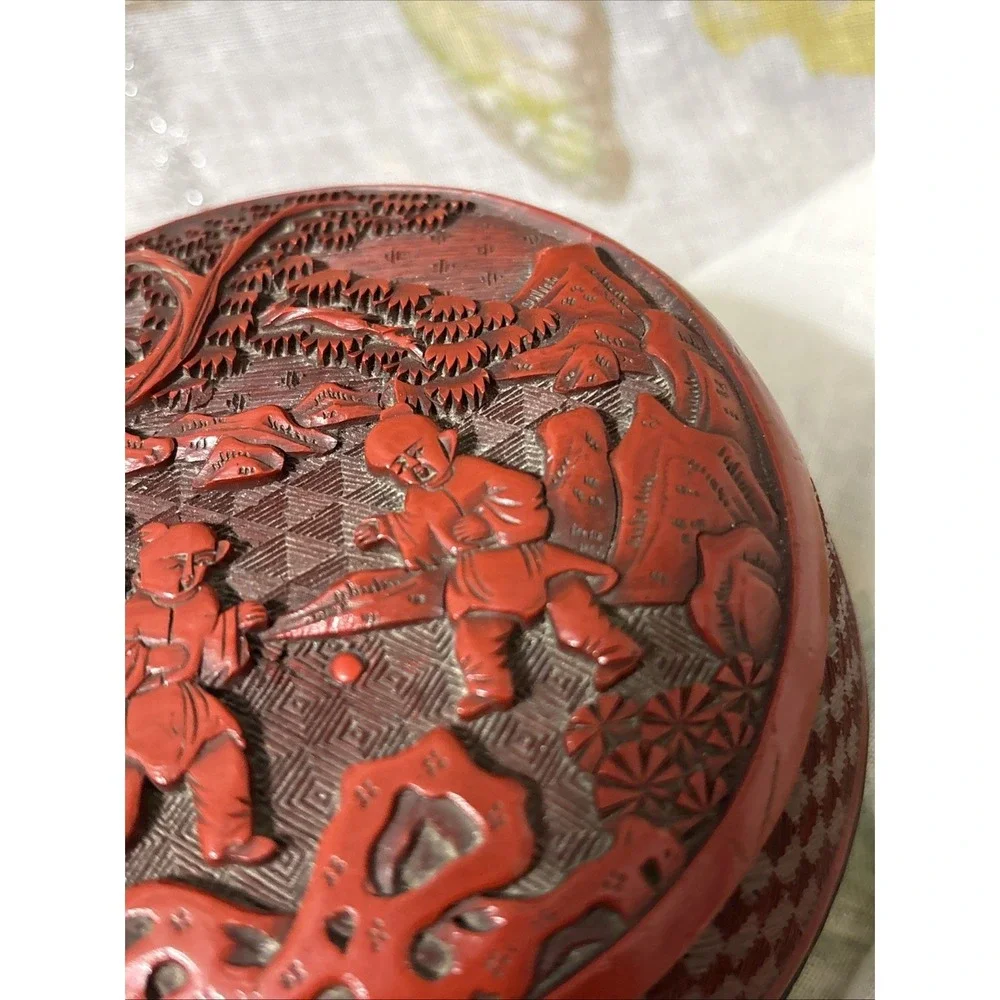 4.5 Old Chinese Handcarved Red lacquerware Character‎ Landscape jewelry box